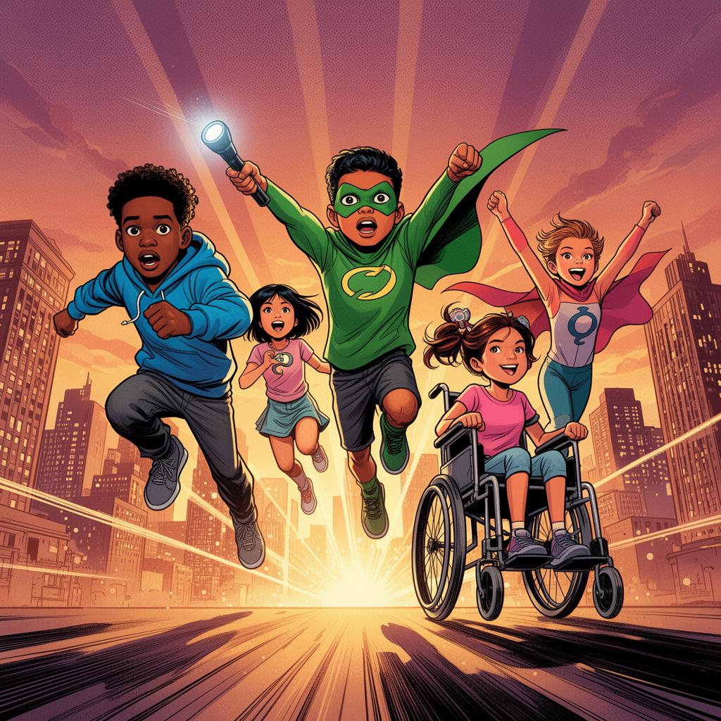 Comic-book hero kid leaping through halftone rays